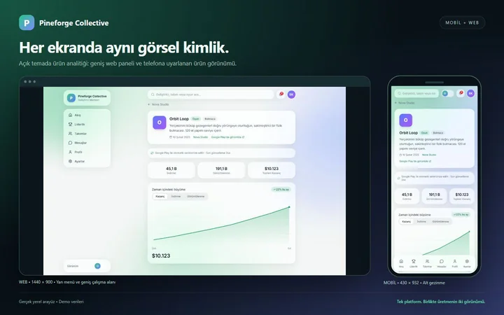 Açık temada ürün analitiğinin web ve mobil görünümü yan yana