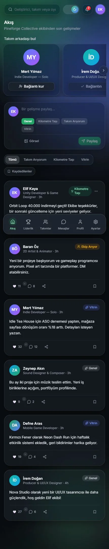 Topluluk akışı — tam sayfa — mobil görünüm
