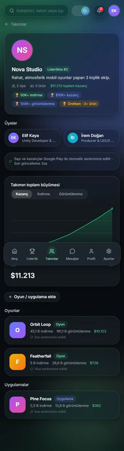 Takım vitrini — tam sayfa — mobil görünüm