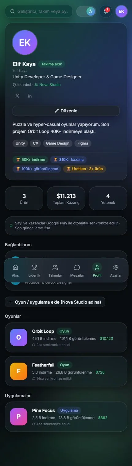 Geliştirici portföyü — tam sayfa — mobil görünüm