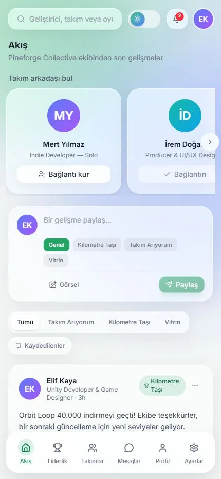 Topluluk akışı — açık tema — mobil görünüm