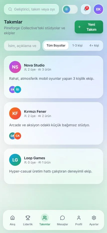 Takım keşfi — açık tema — mobil görünüm