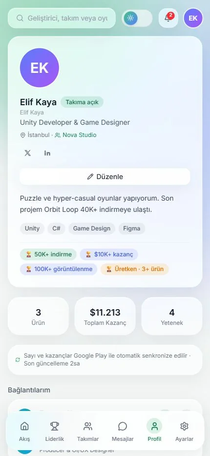 Profil — açık tema — mobil görünüm