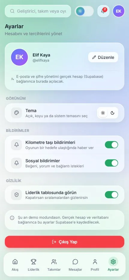 Tercihler — açık tema — mobil görünüm