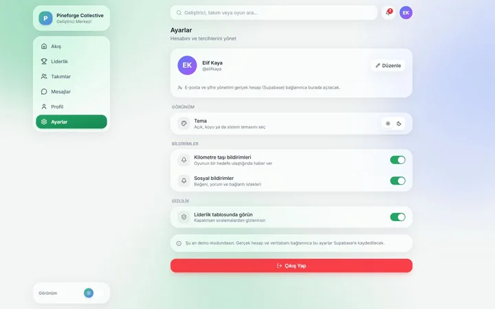 Tercihler — açık tema — web görünümü